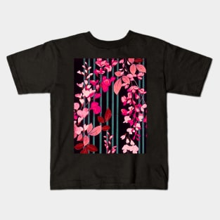 PINK FUCHSIA FLOWERS AND BLUE GREEN BLACK STRIPES Antique Japanese Floral Kids T-Shirt